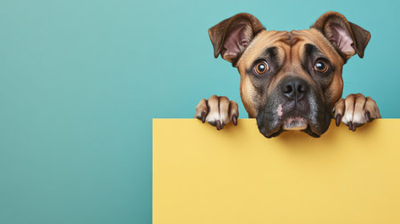 boxer dog peeking out from behind a yellow board on a blue backgroundの素材