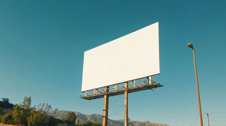 Blank billboard ready for new advertisement with blue sky and white cloudsの素材