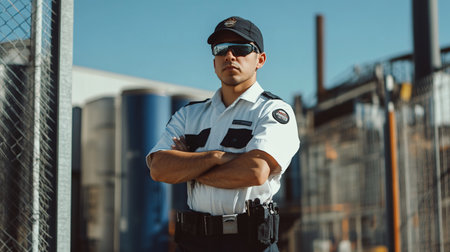 Male security guard in uniform and sunglasses standing with arms crossed and looking at cameraの素材