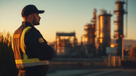 Refinery worker standing in front of oil refinery plant at sunset.の素材