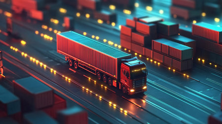 3d rendering of a cargo truck with a container in the backgroundの素材