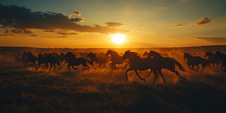 Horses running in the fields at golden time sunset. 3d rendering.の素材
