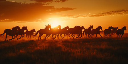 Group of horses running in the field at sunset. 3d renderの素材