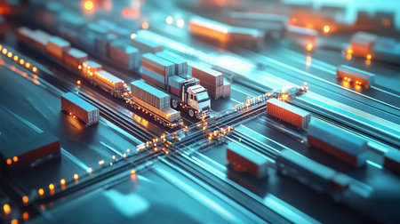 3d rendering of a lorry with containers on a circuit boardの素材