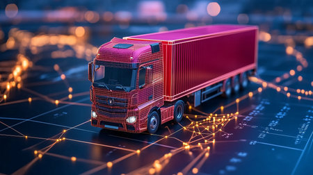 Truck on the background of the map of the city. 3d rendering.の素材