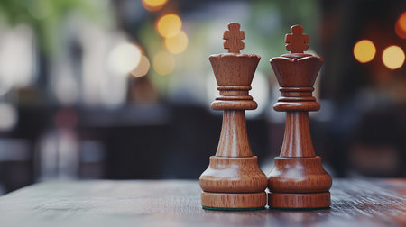 Wooden chess pieces on a table in a cafe with bokeh backgroundの素材