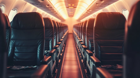 Interior of airplane with seats and lights. Selective focus.の素材