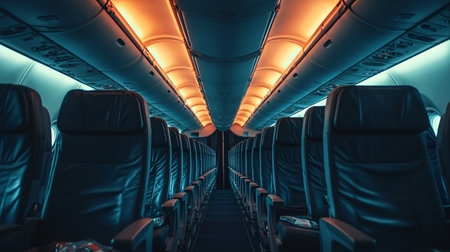 Interior of airplane with seats and lights. Blue toned.の素材