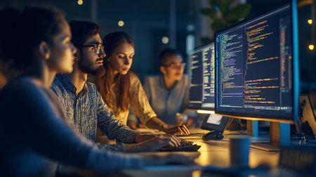 Programmers working on computers at night in office. Teamwork conceptの素材
