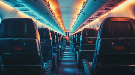 Airplane interior with rows of empty seats. 3D Renderingの素材