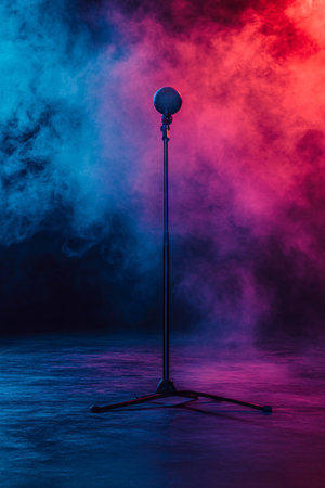 Microphone on a stand in a dark room with smoke and fogの素材