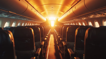 Interior of airplane with empty seats and bright sun in the skyの素材