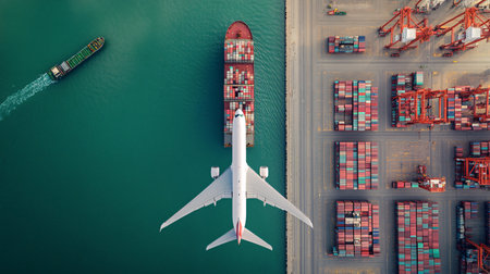 Aerial view of container cargo ship and airplane in the sea.の素材