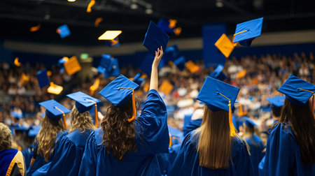 Back view of a group of students in graduation gowns and hats celebrating the graduation ceremonyの素材