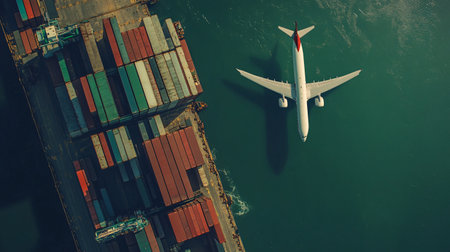 Aerial view of container cargo ship and airplane in import export and transportation conceptの素材