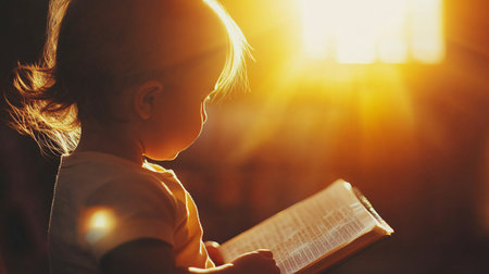 Adorable little girl reading a book in the sunlight. Backlightの素材