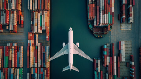 Aerial view of airplane and cargo ship in import export and logistics concept.の素材