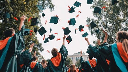 back view of students in graduation gowns and hats looking at each otherの素材