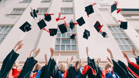 back view of students throwing graduation caps in a high school auditoriumの素材