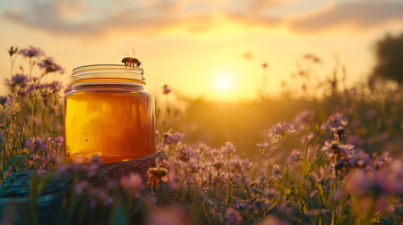 Honey in a glass jar on the background of wildflowers at sunsetの素材