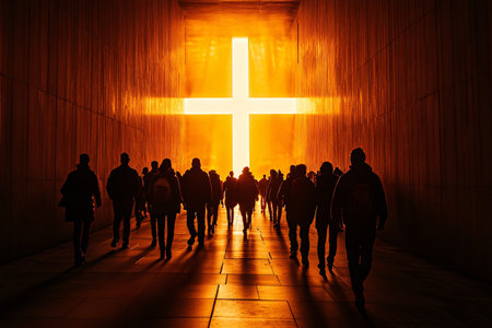 Group of people walking in front of the christian cross in the darkの素材