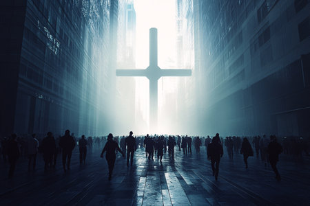 Silhouette of crowd of people walking in front of a crossの素材