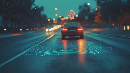 Car on the road at night with a map in the background.の素材