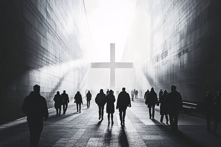 Silhouettes of people walking in front of a cross. 3d renderingの素材