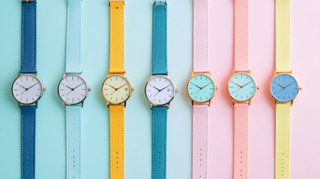 Colorful wristwatches on blue and pink pastel background.の素材