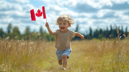 Little boy running with Canadian flag in the field. Happy child running with Canada flag.の素材