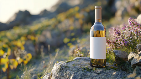 White wine bottle with blank label on the rock among the vineyardsの素材