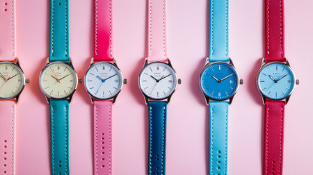Wristwatch with blue and pink leather strap on pink background.の素材