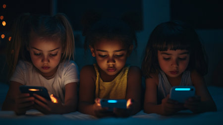 multiethnic kids using smartphones in bed at night in dark roomの素材