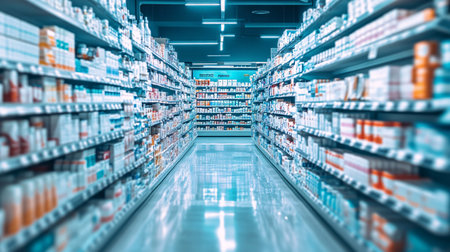Supermarket aisle with shelves full of pharmaceutical products. 3D renderingの素材