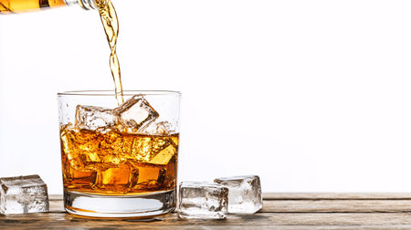 Pouring whiskey into glass with ice cubes on wooden table against white backgroundの素材