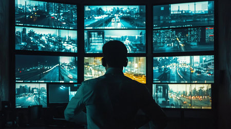 Back view of a businessman looking at the night city through the windowの素材