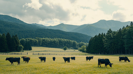 Cows grazing in a meadow with mountains in the background.の素材