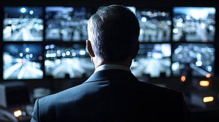 Back view of a businessman looking at the camera in front of the TV screen.の素材