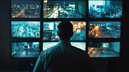 Rear view of a man in a dark room looking at the TV screen.の素材