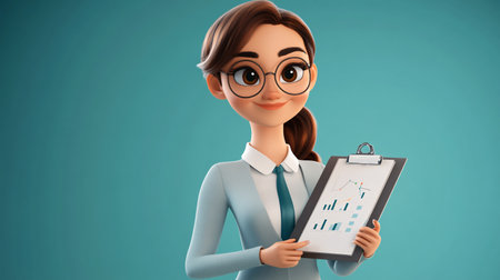 Young business woman holding a clipboard with chart. 3D rendering.の素材