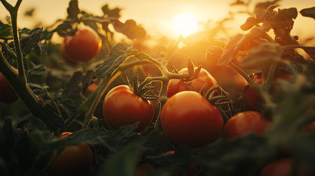 Ripe red tomatoes growing in the field at sunset. Close-upの素材
