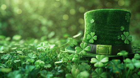 St. Patrick's Day background with green hat and clover leavesの素材
