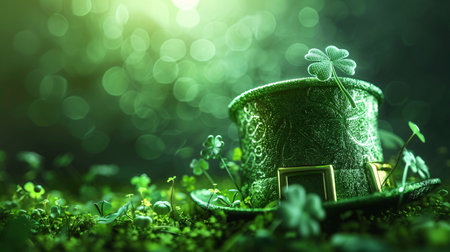 St. Patrick's Day background with green clover leaves and Leprechaun hatの素材