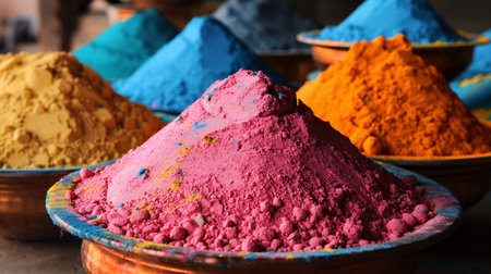 Colorful holi powder in bowls on the market, India.の素材