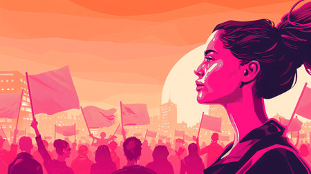 Vector illustration of a woman holding a flag in front of the crowd.の素材