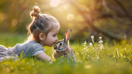 Cute little girl playing with a rabbit in the garden on a sunny dayの素材