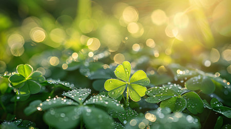 Green clover leaves with dew drops on bokeh backgroundの素材