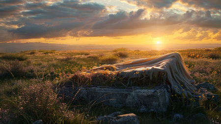 Sunset in the mountains with dandelions and a blanket.の素材