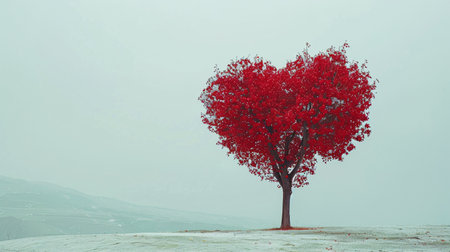 Valentine's day concept. Red heart tree in the fogの素材