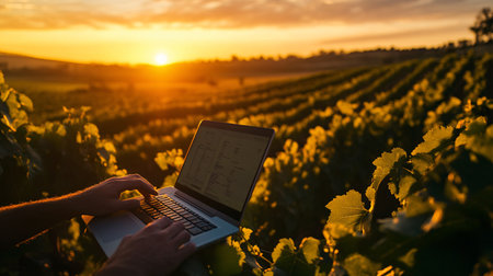 Man working on a laptop in a vineyard at sunset. Grape harvestの素材